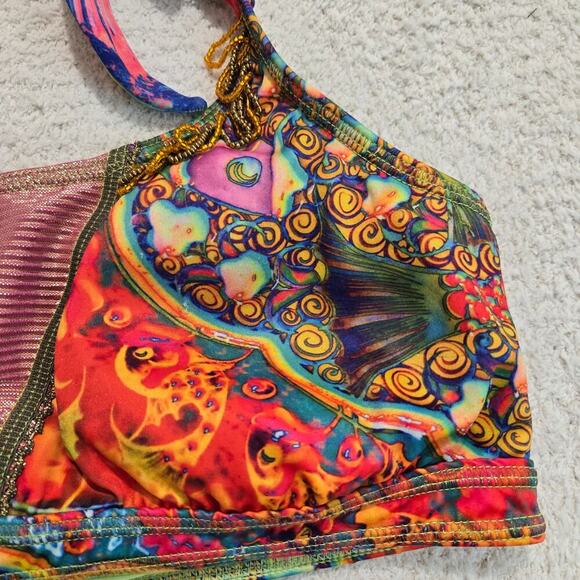 Protokolo Swimwear Abstract Print Beaded Bikini Top Size M Boho Hippie - Picture 4 of 10